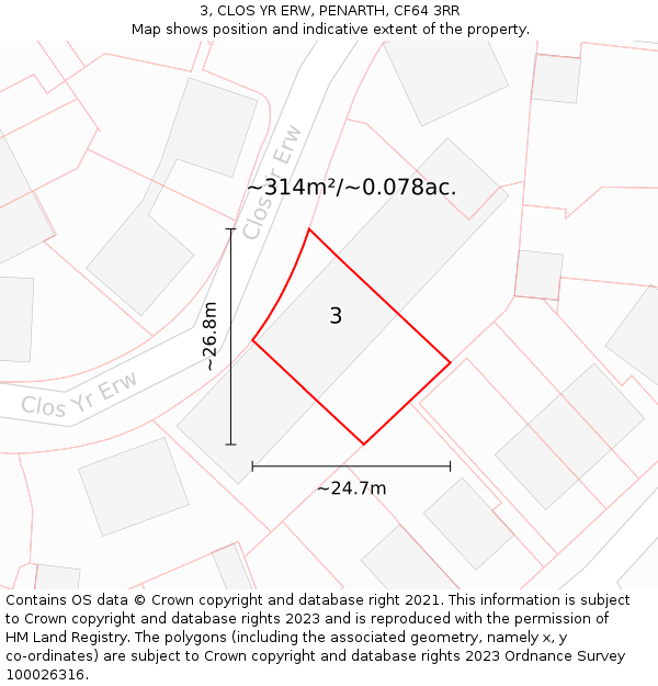 3, CLOS YR ERW, PENARTH, CF64 3RR: Plot and title map