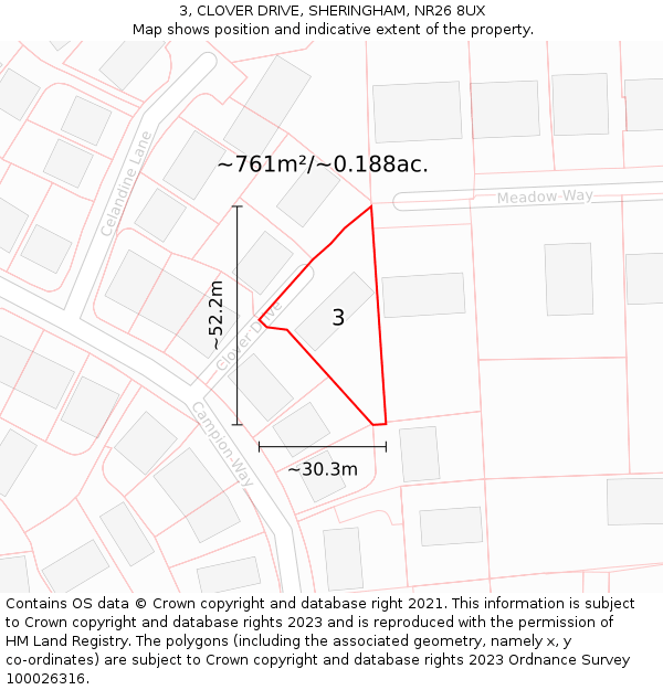 3, CLOVER DRIVE, SHERINGHAM, NR26 8UX: Plot and title map