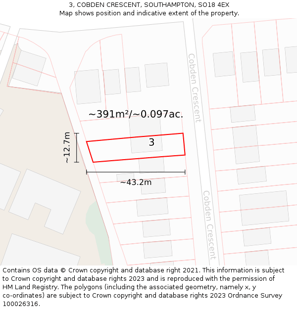 3, COBDEN CRESCENT, SOUTHAMPTON, SO18 4EX: Plot and title map