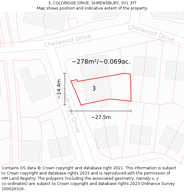 3, COLDRIDGE DRIVE, SHREWSBURY, SY1 3YT: Plot and title map