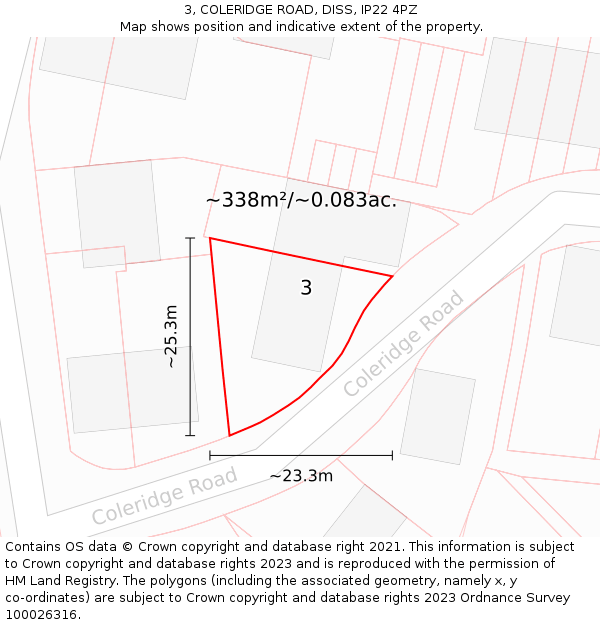 3, COLERIDGE ROAD, DISS, IP22 4PZ: Plot and title map