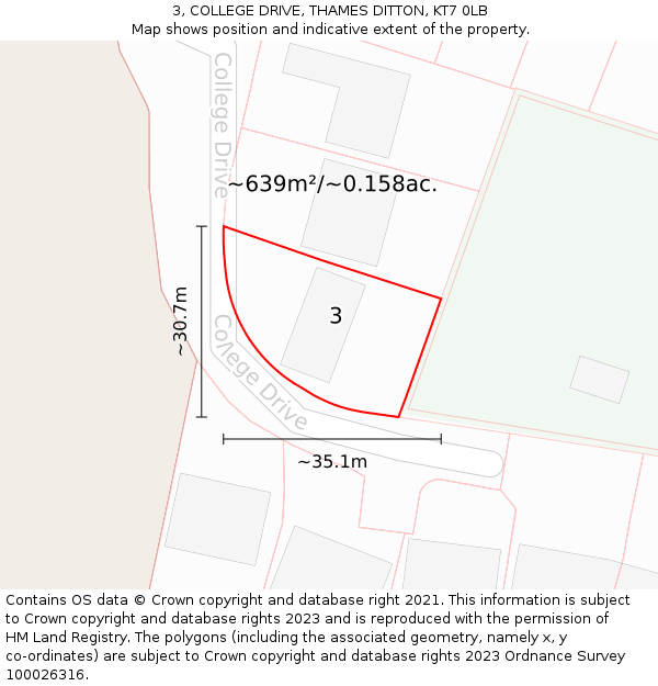 3, COLLEGE DRIVE, THAMES DITTON, KT7 0LB: Plot and title map
