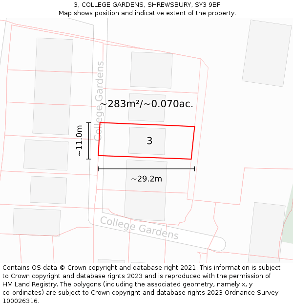 3, COLLEGE GARDENS, SHREWSBURY, SY3 9BF: Plot and title map