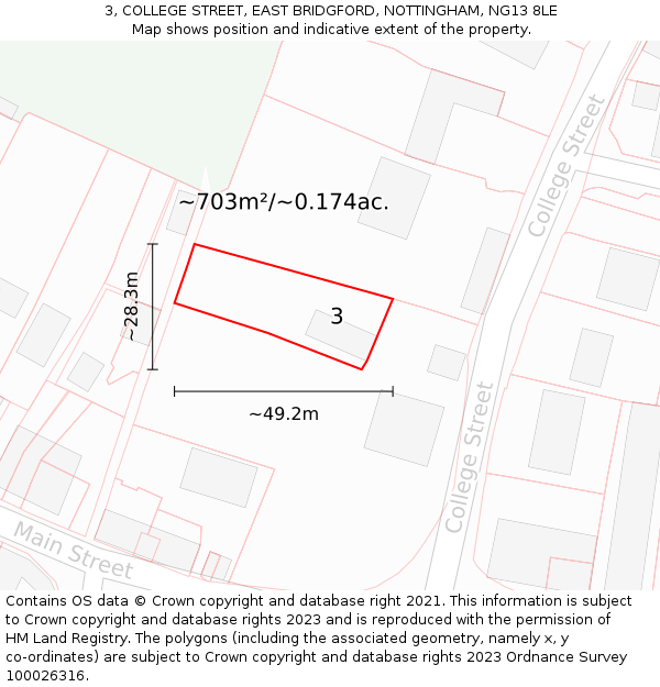 3, COLLEGE STREET, EAST BRIDGFORD, NOTTINGHAM, NG13 8LE: Plot and title map