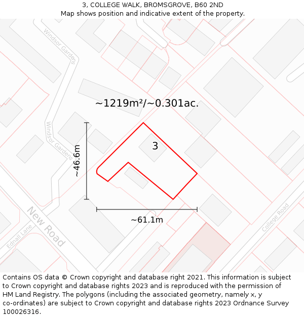 3, COLLEGE WALK, BROMSGROVE, B60 2ND: Plot and title map