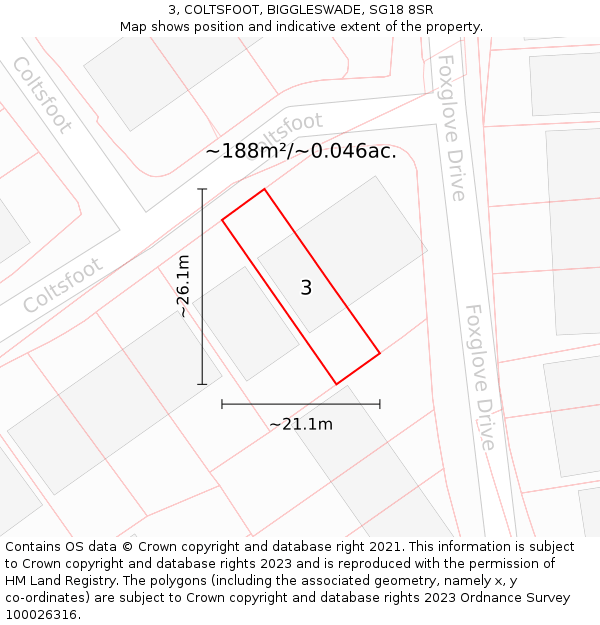 3, COLTSFOOT, BIGGLESWADE, SG18 8SR: Plot and title map