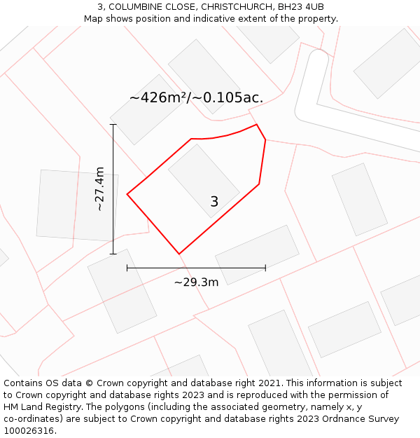 3, COLUMBINE CLOSE, CHRISTCHURCH, BH23 4UB: Plot and title map