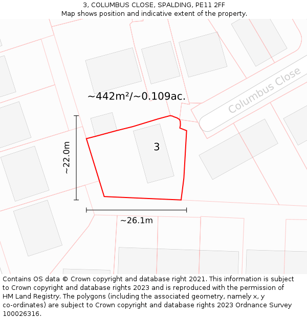 3, COLUMBUS CLOSE, SPALDING, PE11 2FF: Plot and title map