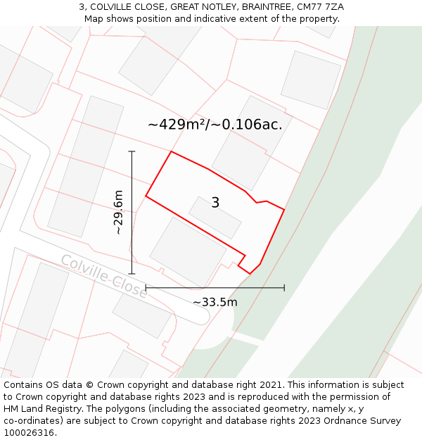 3, COLVILLE CLOSE, GREAT NOTLEY, BRAINTREE, CM77 7ZA: Plot and title map