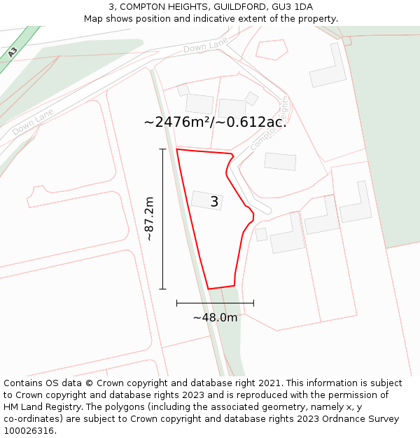 3, COMPTON HEIGHTS, GUILDFORD, GU3 1DA: Plot and title map