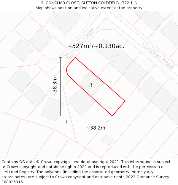 3, CONCHAR CLOSE, SUTTON COLDFIELD, B72 1LN: Plot and title map