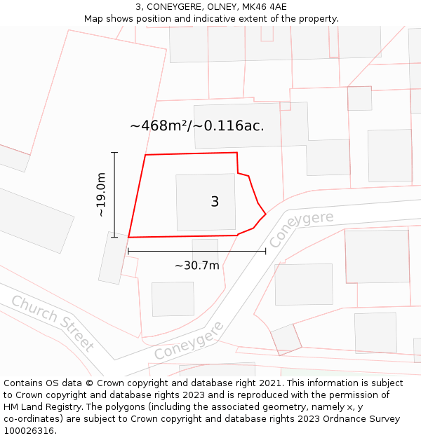 3, CONEYGERE, OLNEY, MK46 4AE: Plot and title map