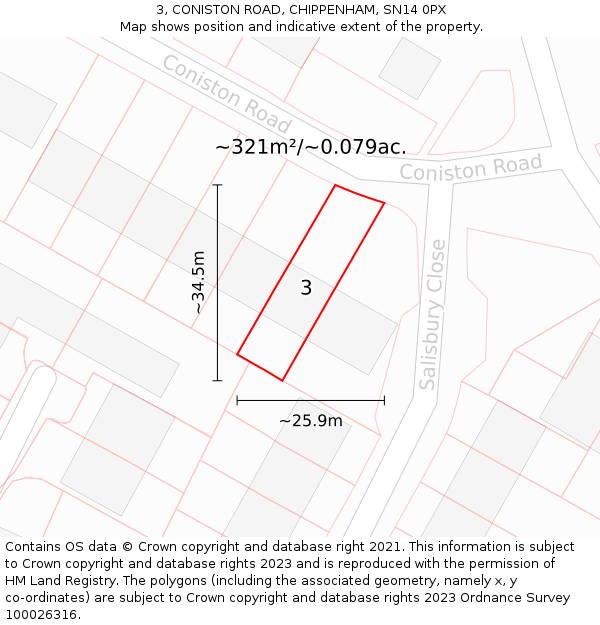 3, CONISTON ROAD, CHIPPENHAM, SN14 0PX: Plot and title map