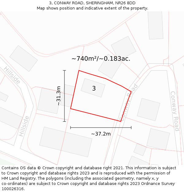 3, CONWAY ROAD, SHERINGHAM, NR26 8DD: Plot and title map