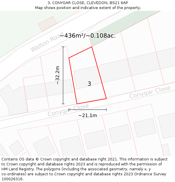 3, CONYGAR CLOSE, CLEVEDON, BS21 6AP: Plot and title map