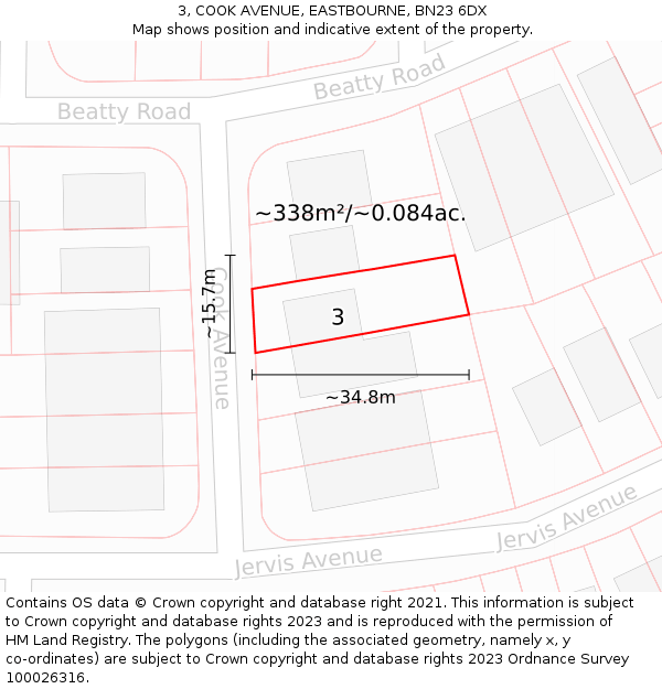 3, COOK AVENUE, EASTBOURNE, BN23 6DX: Plot and title map