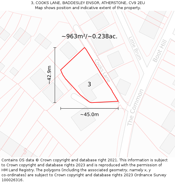 3, COOKS LANE, BADDESLEY ENSOR, ATHERSTONE, CV9 2EU: Plot and title map