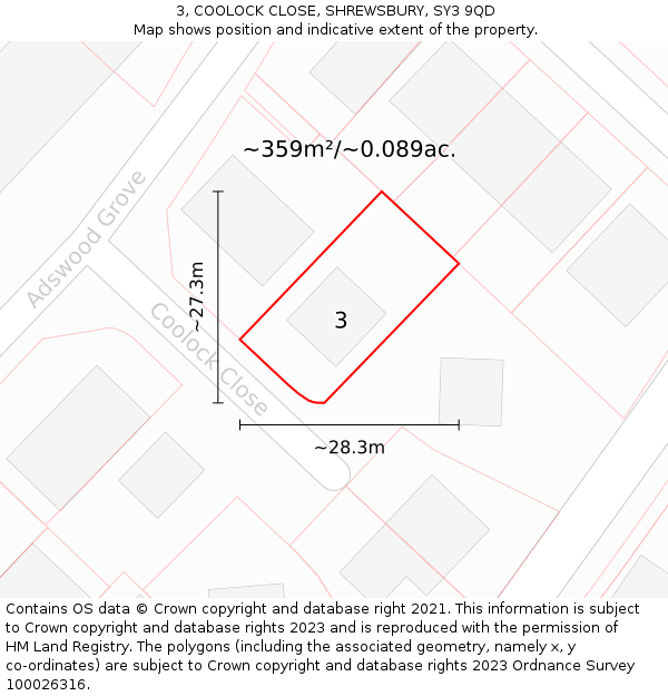 3, COOLOCK CLOSE, SHREWSBURY, SY3 9QD: Plot and title map