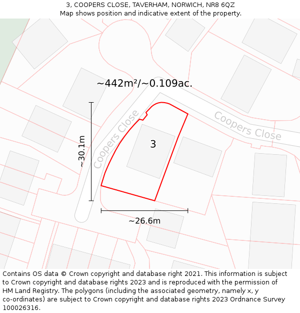 3, COOPERS CLOSE, TAVERHAM, NORWICH, NR8 6QZ: Plot and title map