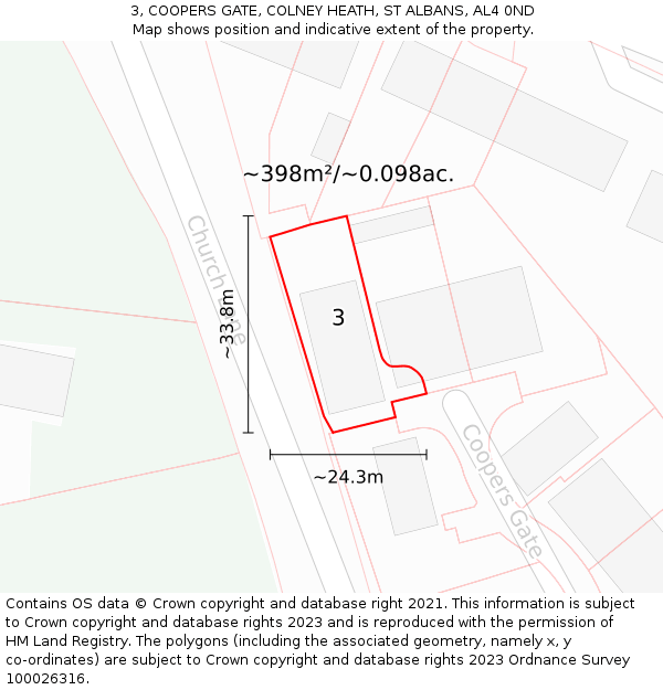 3, COOPERS GATE, COLNEY HEATH, ST ALBANS, AL4 0ND: Plot and title map