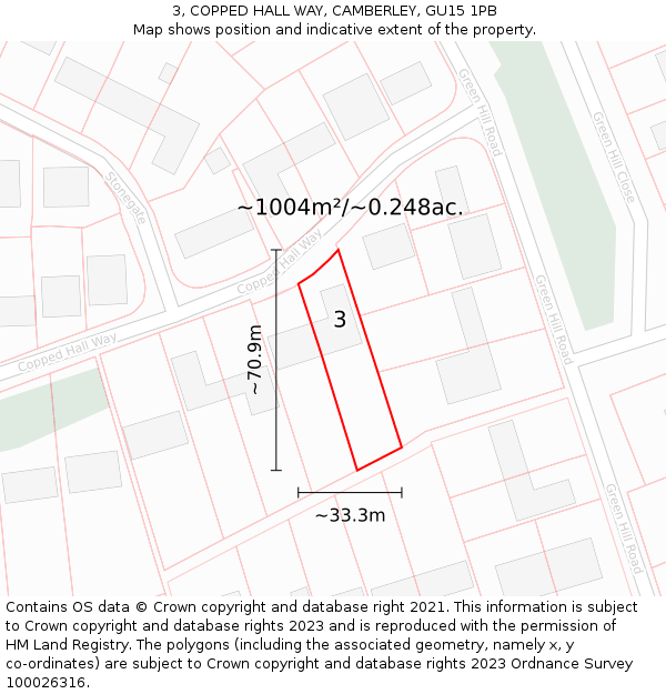 3, COPPED HALL WAY, CAMBERLEY, GU15 1PB: Plot and title map