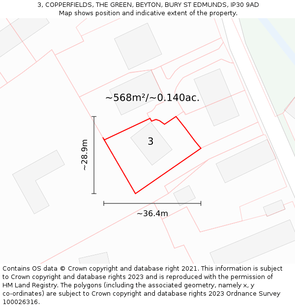 3, COPPERFIELDS, THE GREEN, BEYTON, BURY ST EDMUNDS, IP30 9AD: Plot and title map