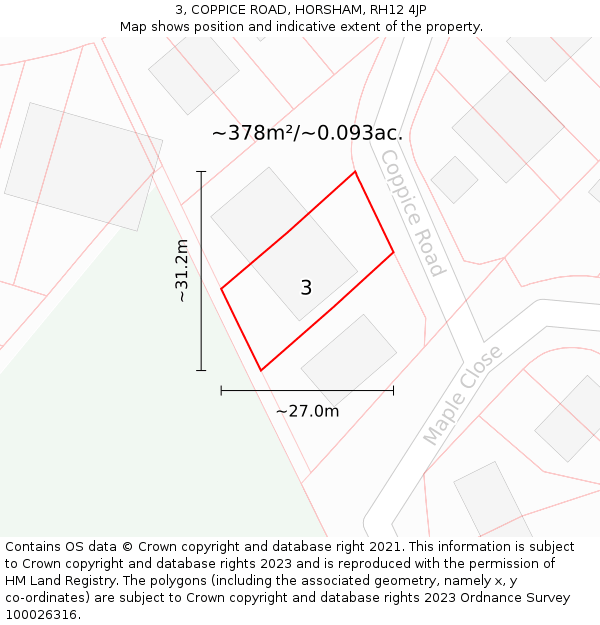 3, COPPICE ROAD, HORSHAM, RH12 4JP: Plot and title map