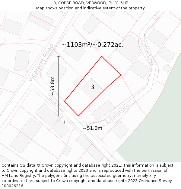 3, COPSE ROAD, VERWOOD, BH31 6HB: Plot and title map