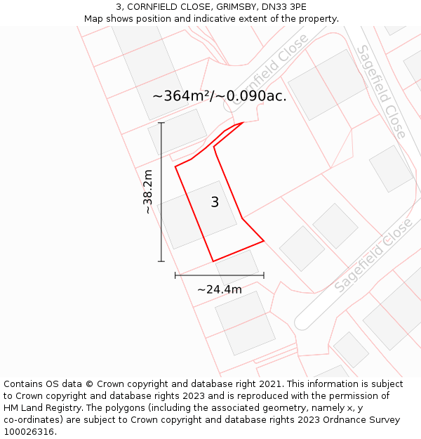 3, CORNFIELD CLOSE, GRIMSBY, DN33 3PE: Plot and title map