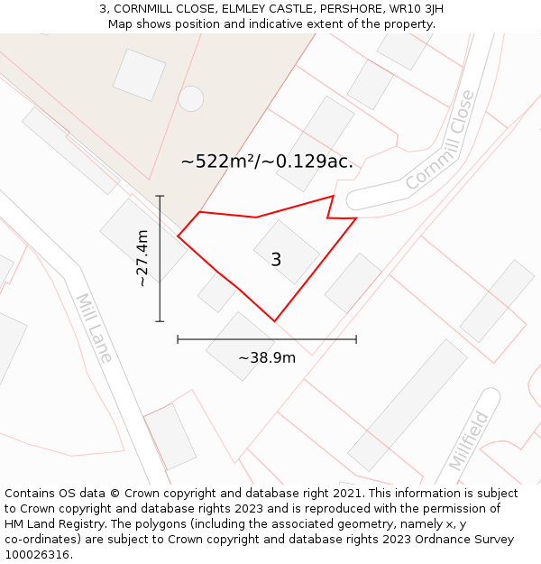 3, CORNMILL CLOSE, ELMLEY CASTLE, PERSHORE, WR10 3JH: Plot and title map