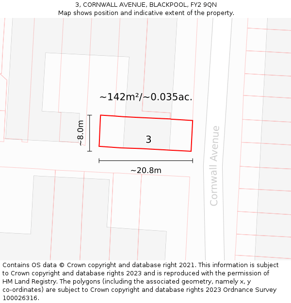 3, CORNWALL AVENUE, BLACKPOOL, FY2 9QN: Plot and title map