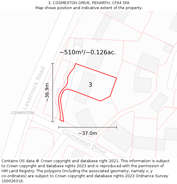 3, COSMESTON DRIVE, PENARTH, CF64 5FA: Plot and title map