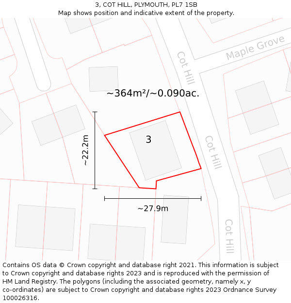 3, COT HILL, PLYMOUTH, PL7 1SB: Plot and title map