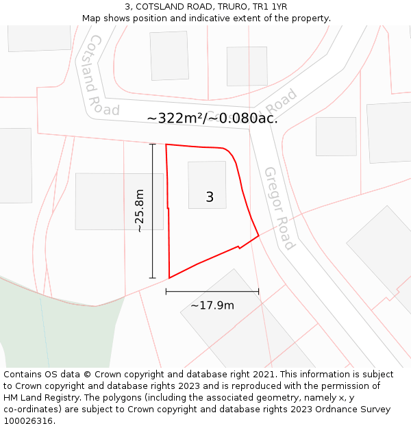 3, COTSLAND ROAD, TRURO, TR1 1YR: Plot and title map