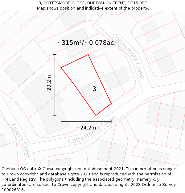 3, COTTESMORE CLOSE, BURTON-ON-TRENT, DE15 9BS: Plot and title map