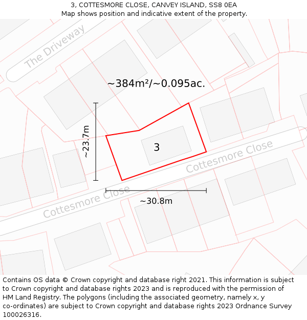 3, COTTESMORE CLOSE, CANVEY ISLAND, SS8 0EA: Plot and title map