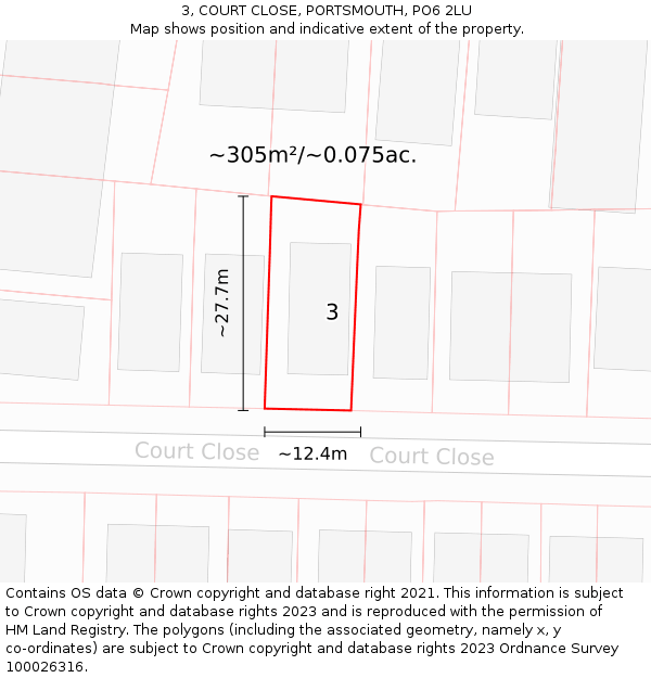 3, COURT CLOSE, PORTSMOUTH, PO6 2LU: Plot and title map