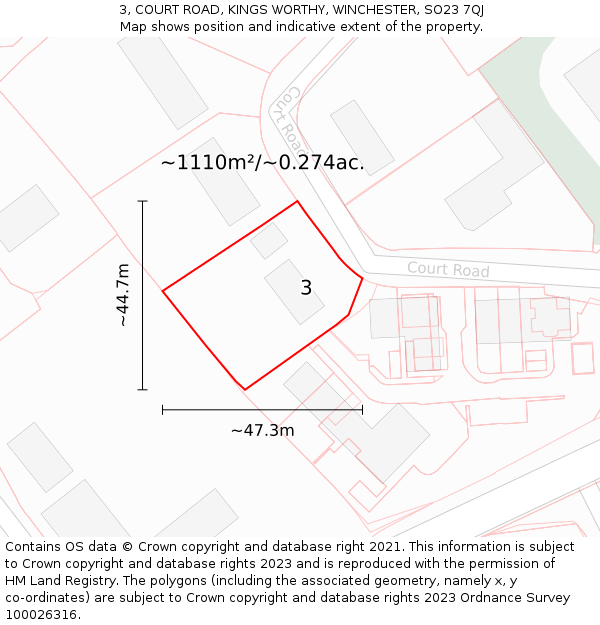 3, COURT ROAD, KINGS WORTHY, WINCHESTER, SO23 7QJ: Plot and title map