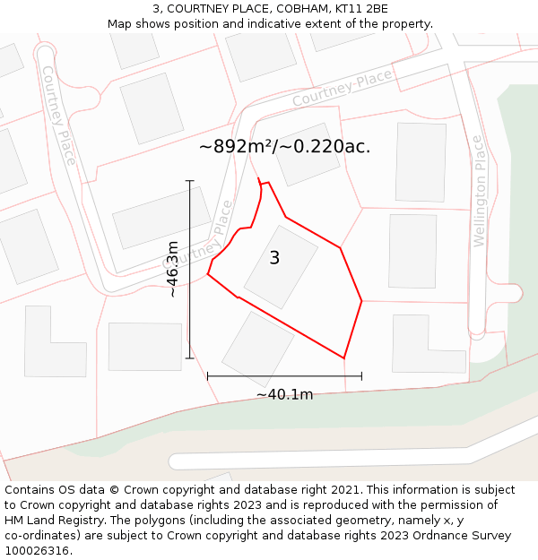 3, COURTNEY PLACE, COBHAM, KT11 2BE: Plot and title map