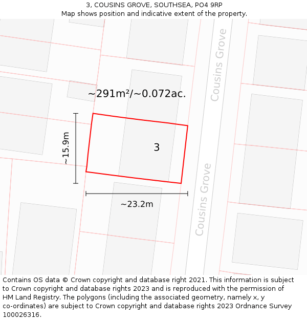 3, COUSINS GROVE, SOUTHSEA, PO4 9RP: Plot and title map