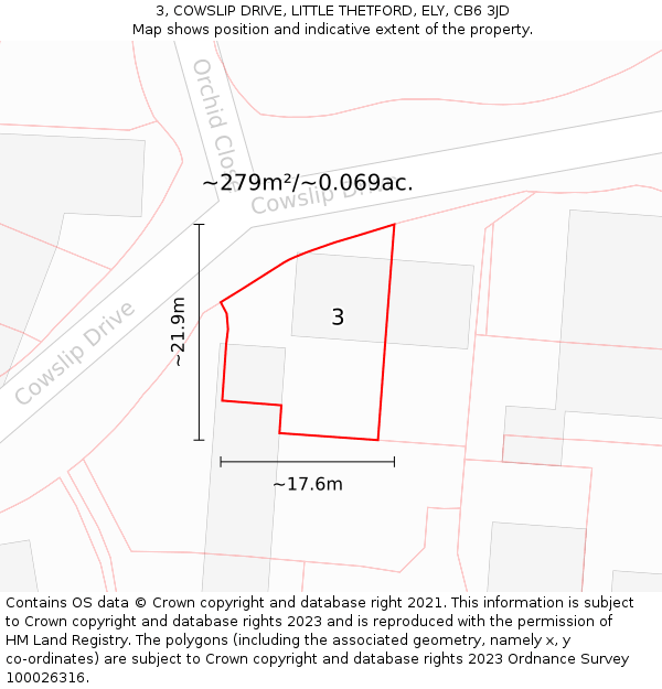 3, COWSLIP DRIVE, LITTLE THETFORD, ELY, CB6 3JD: Plot and title map