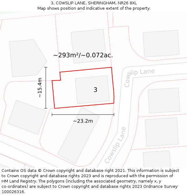 3, COWSLIP LANE, SHERINGHAM, NR26 8XL: Plot and title map