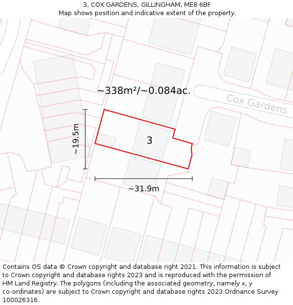 3, COX GARDENS, GILLINGHAM, ME8 6BF: Plot and title map