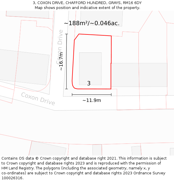 3, COXON DRIVE, CHAFFORD HUNDRED, GRAYS, RM16 6DY: Plot and title map