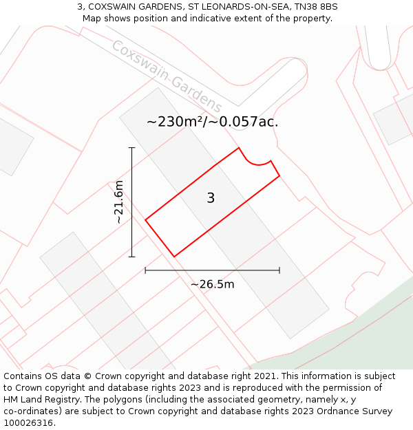 3, COXSWAIN GARDENS, ST LEONARDS-ON-SEA, TN38 8BS: Plot and title map