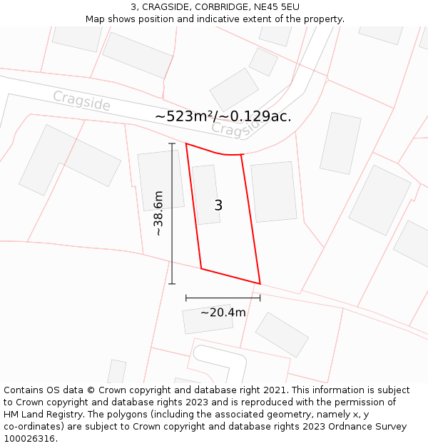 3, CRAGSIDE, CORBRIDGE, NE45 5EU: Plot and title map