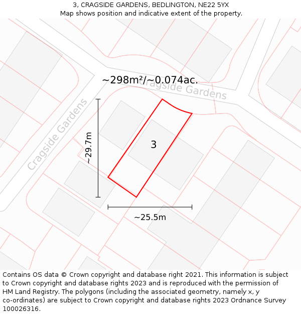 3, CRAGSIDE GARDENS, BEDLINGTON, NE22 5YX: Plot and title map