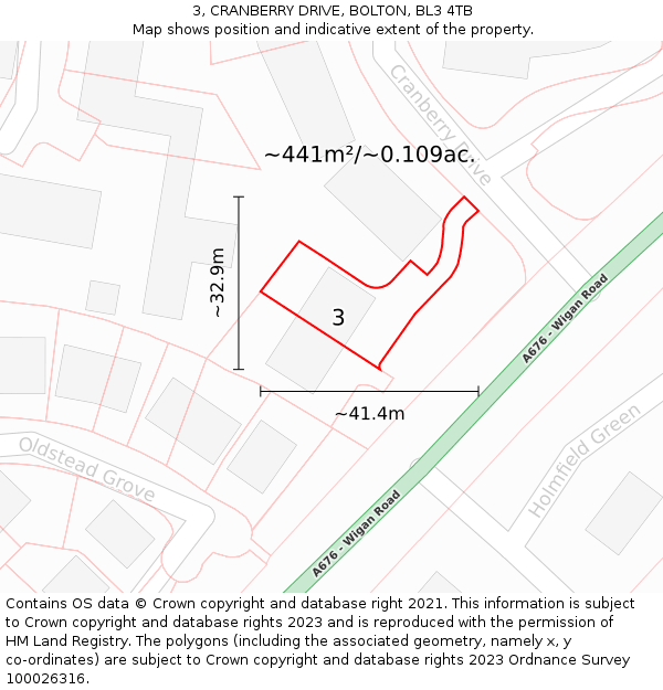 3, CRANBERRY DRIVE, BOLTON, BL3 4TB: Plot and title map