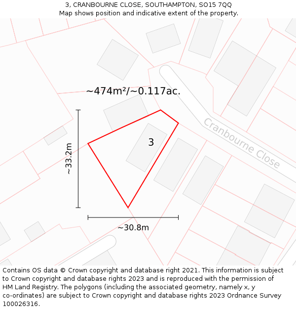 3, CRANBOURNE CLOSE, SOUTHAMPTON, SO15 7QQ: Plot and title map