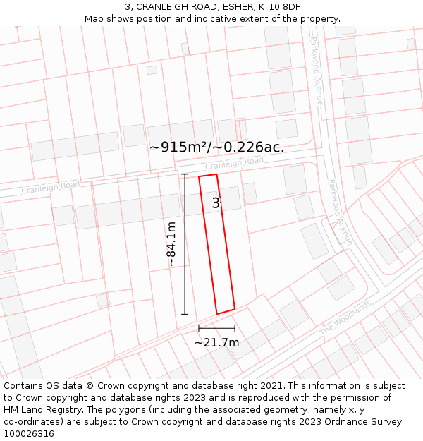 3, CRANLEIGH ROAD, ESHER, KT10 8DF: Plot and title map